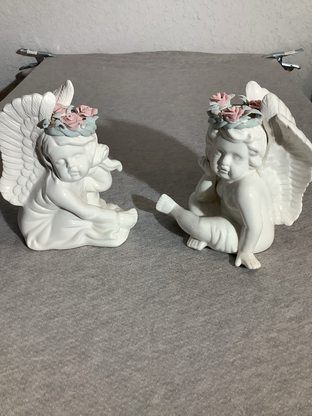 Vintage White Ceramic Cherub Angel Figurines with Pink Flower Crowns - Pair - Picture 1 of 6
